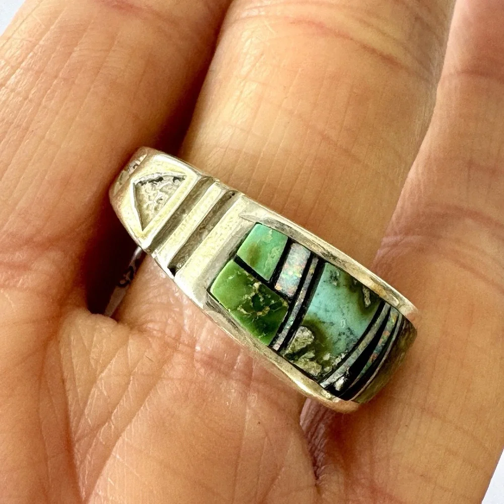 Navajo Inlay Sonoran Turquoise Opal‎ Wedding Band Sz 11 9mm Ring Mens Tolino